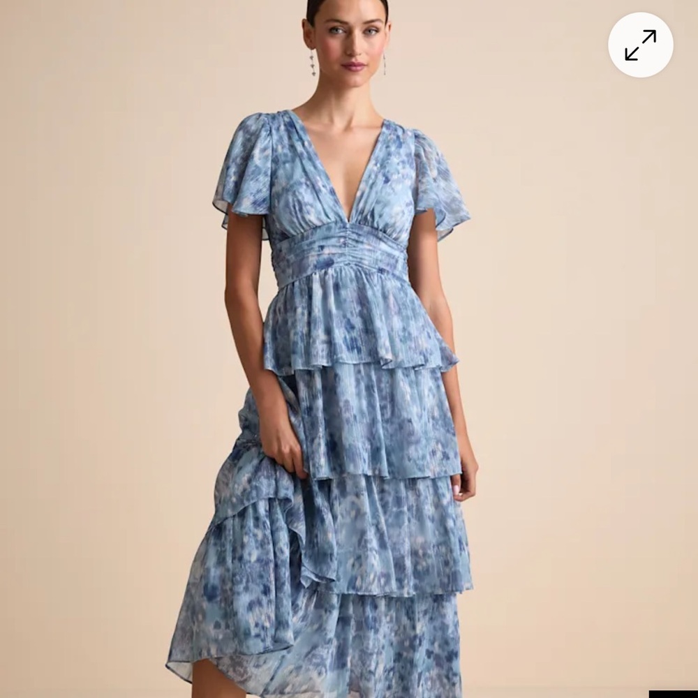 Lulu's Blue Tiered Ruffle V-Neck Maxi Dress